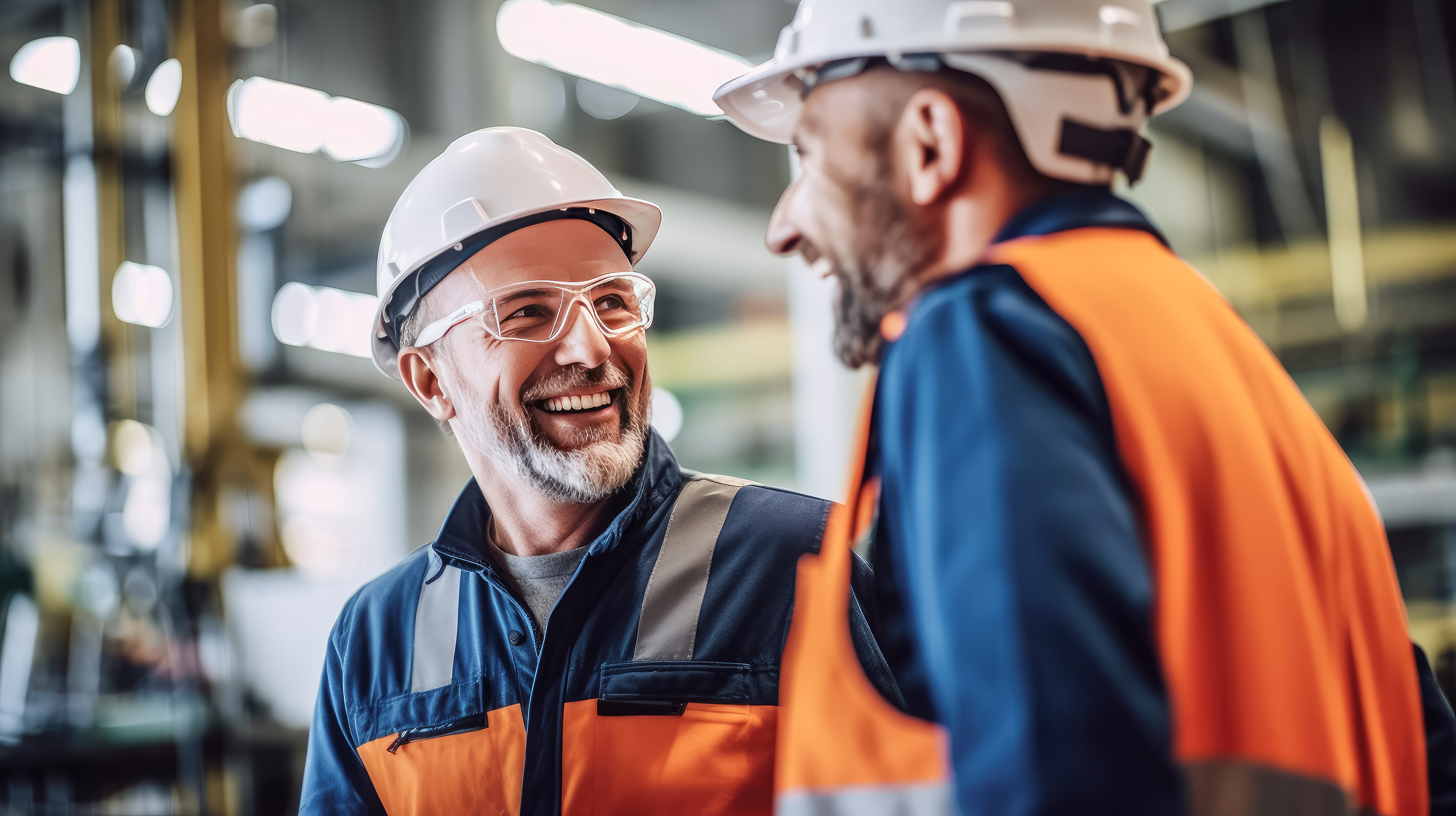 A close up of two smiling engineers working on their automated engineering project to be more efficient and save businesses money.